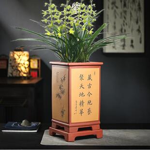 四方签筒紫砂花盆室内透气陶瓷盆精品兰花盆盆景悬崖花盆手工花盆