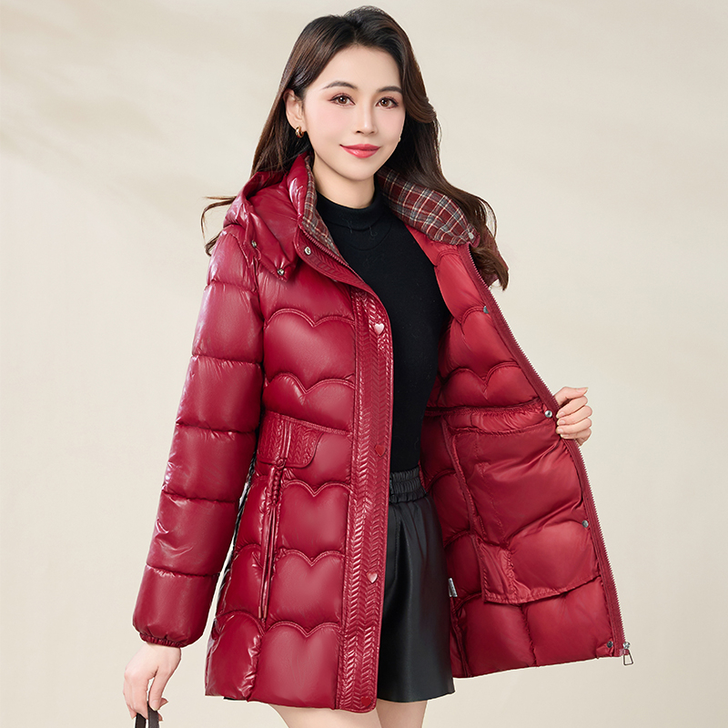 中年女士时尚亮面免洗羽绒棉服2025冬季新款妈妈中长款加厚棉衣