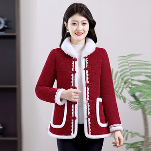 新中式妈妈棉服洋气新款加绒加厚外套红色中国风拜年服女冬装上衣