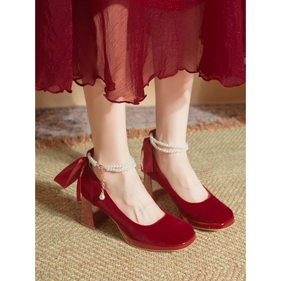 法式玛丽珍粗跟防水台高跟鞋新款中式旗袍单鞋红色秀禾婚鞋新娘鞋