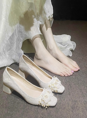 法式温柔配裙子粗跟单鞋双生花方头玛丽珍高跟鞋女气质名媛不累脚