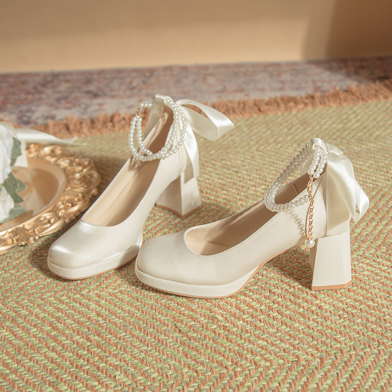 7cm粗跟防水台玛丽珍高跟鞋2024新款小个子配裙子单鞋婚鞋新娘鞋
