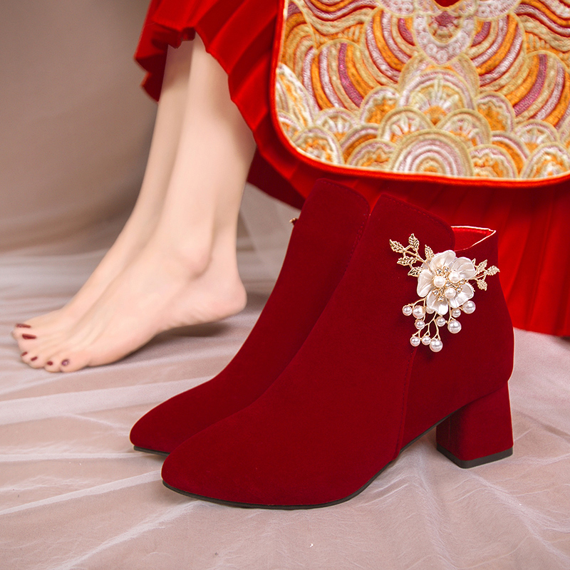 婚纱粗跟结婚新娘鞋加绒