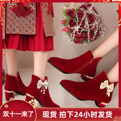 冬季婚鞋女粗跟红色秀禾服婚纱两穿不累脚高跟新娘鞋加绒保暖