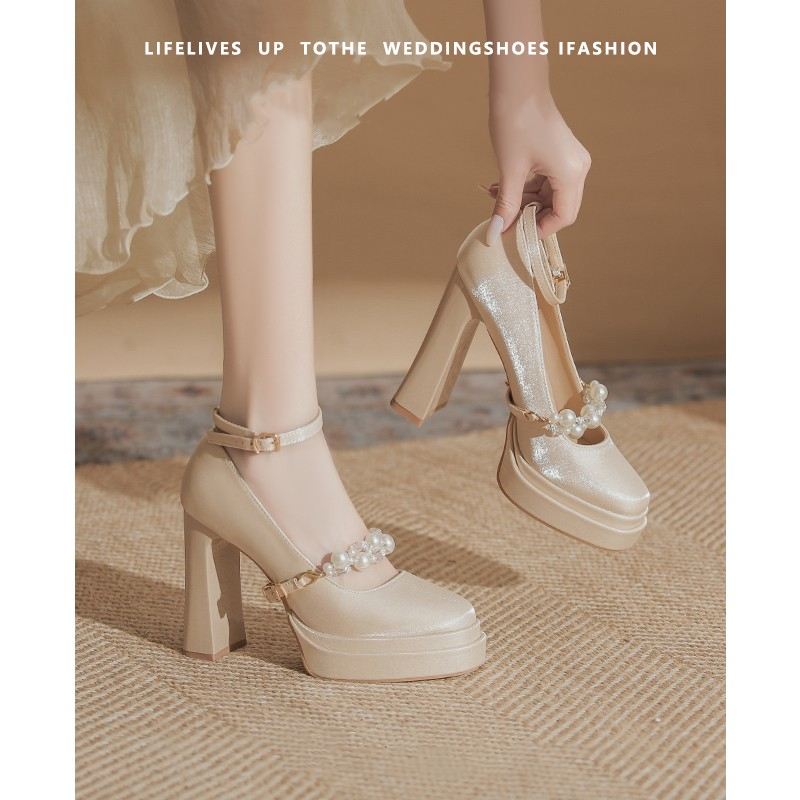 双层防水台香槟色玛丽珍婚鞋超高演出不累脚缎面高跟鞋粗跟女12cm