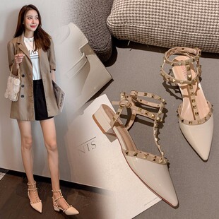 包头铆钉凉鞋2025新款春春秋高跟鞋百搭时装尖头中粗跟平底女鞋子