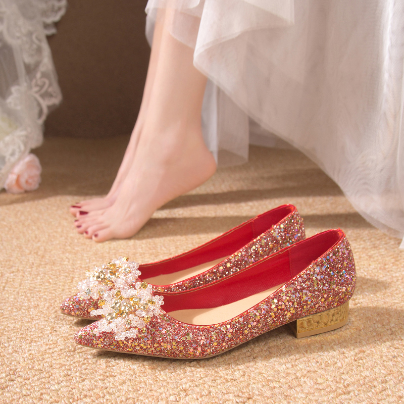 秀禾服婚鞋女粗跟2023新款法式中式结婚新娘鞋红色高跟鞋女不累脚