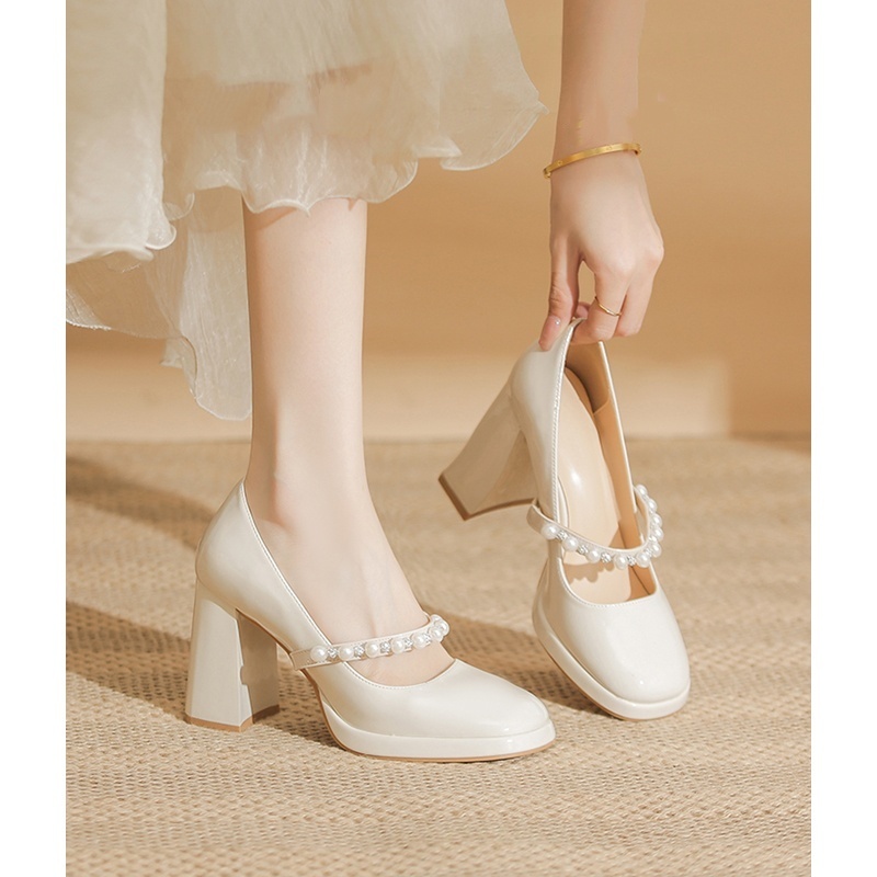 防水台高跟鞋女粗跟2025新款法式珍珠米白色一字带厚底玛丽珍单鞋