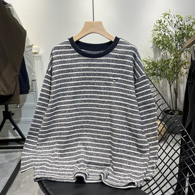 秋冬款百搭休闲条纹显瘦T恤女长袖打底圆领女上衣潮体恤衫女