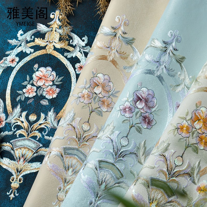 无缝全屋刺绣简欧轻奢素色墙布
