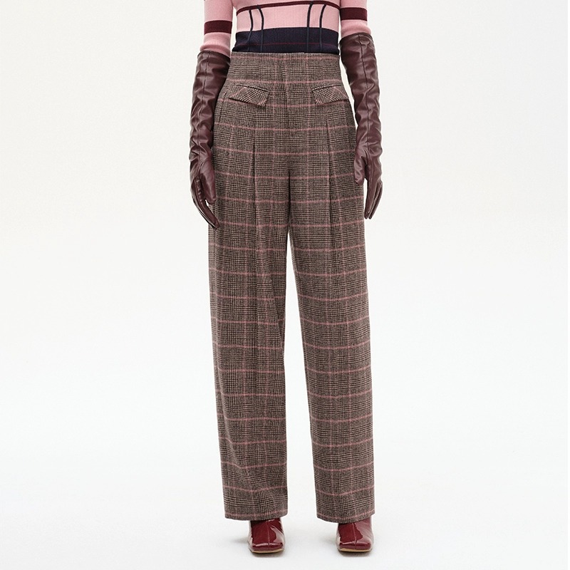 NMORE设计师品牌  灰粉格纹斜搭门双兜盖装饰直口裤