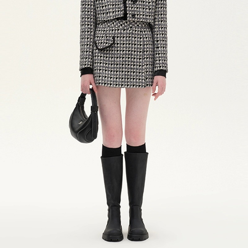 NMORE设计师品牌 黑白粗纺花纹错视搭片羊毛短裙