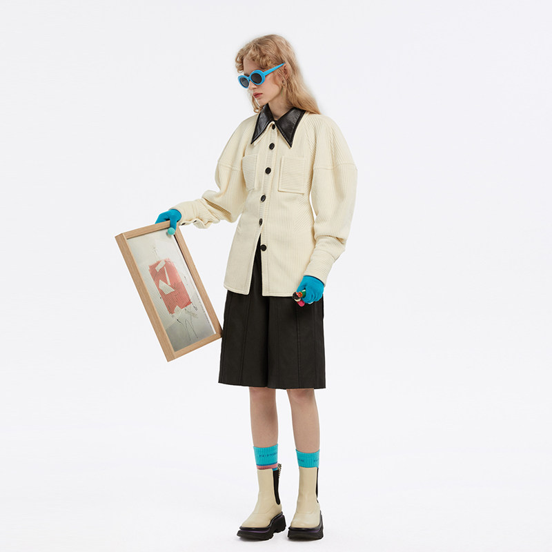 NMORE设计师品牌 米白撞色廓型条绒夹克