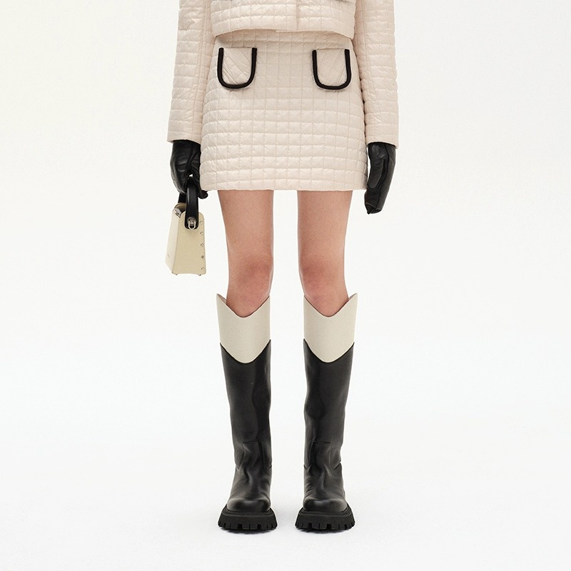 NMORE设计师品牌 珍珠白撞色装饰方格绗缝A形棉短裙