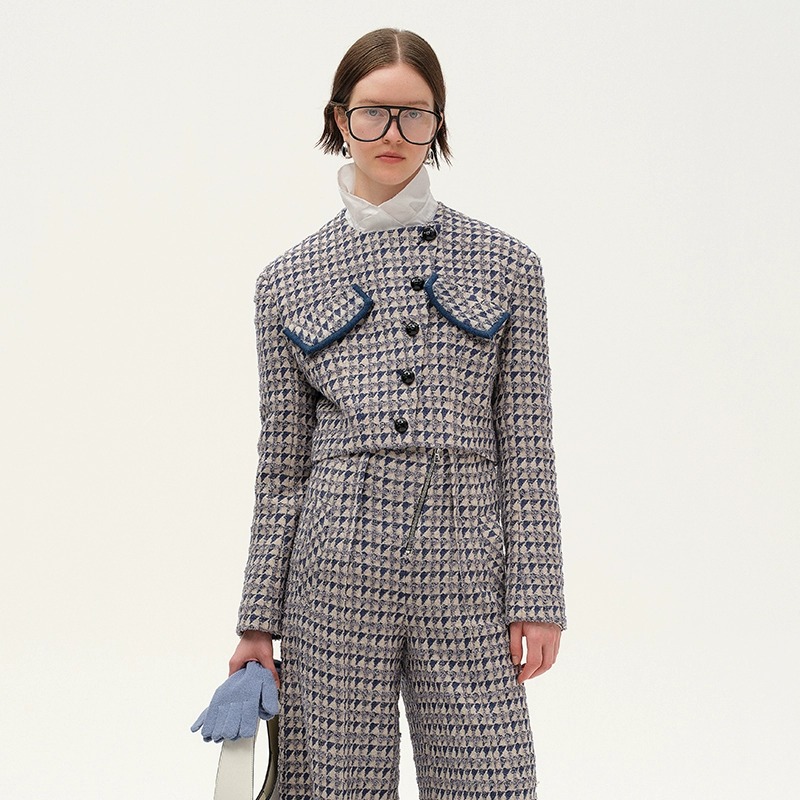 NMORE设计师品牌 银河钴蓝粗纺花纹箱型羊毛外套