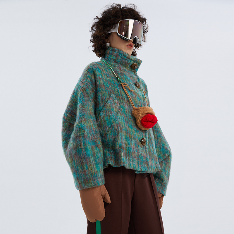 NMORE设计师品牌 森林绿复古oversise立领羊毛短款外套