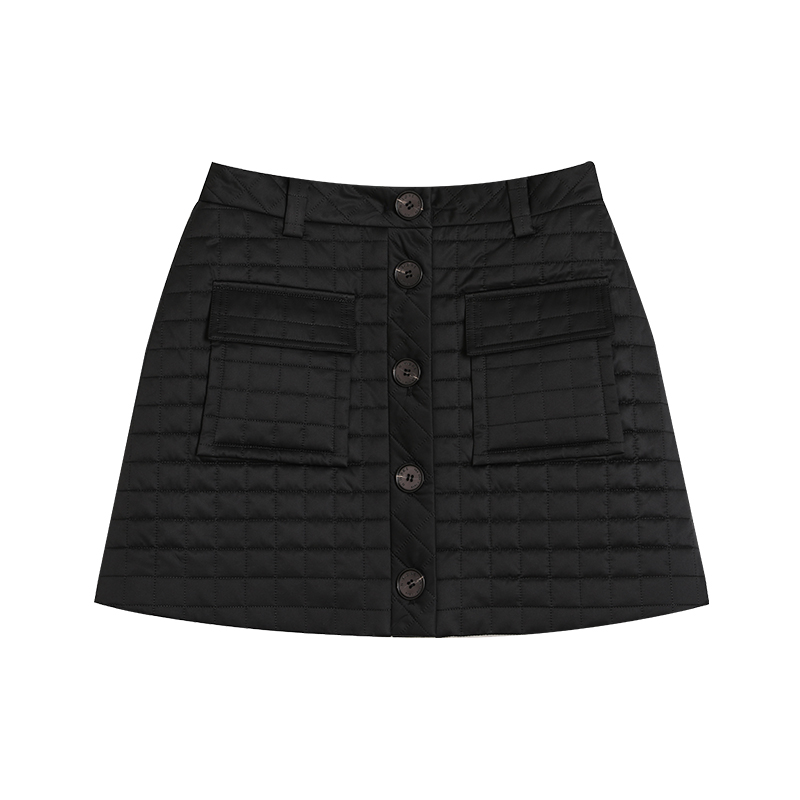 NMORE设计师品牌 隐秘黑双兜方格绗棉短裙