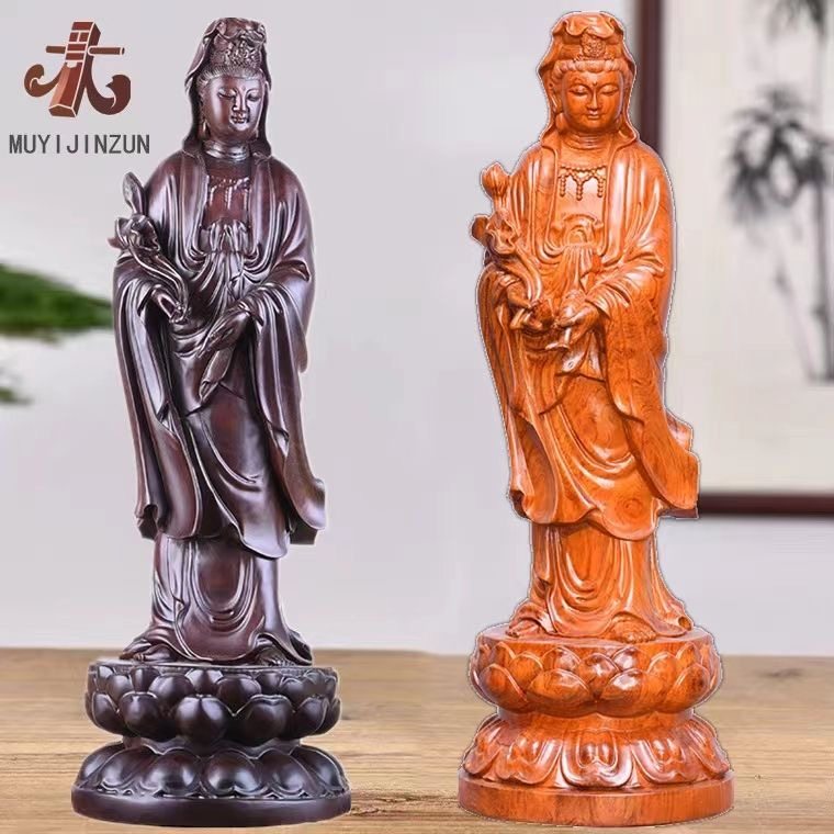 黑檀木雕滴水观音菩萨佛像摆件实木南海观世音供奉家用客厅红木质