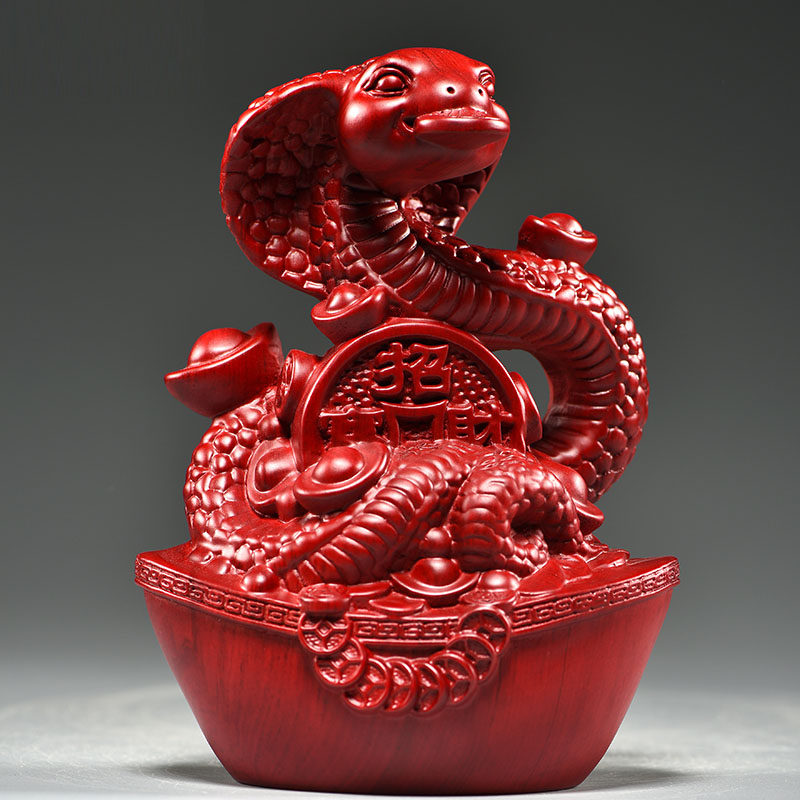 红花梨木雕蛇摆件实木十二生肖木制眼镜蛇家居客厅装饰红木工艺品