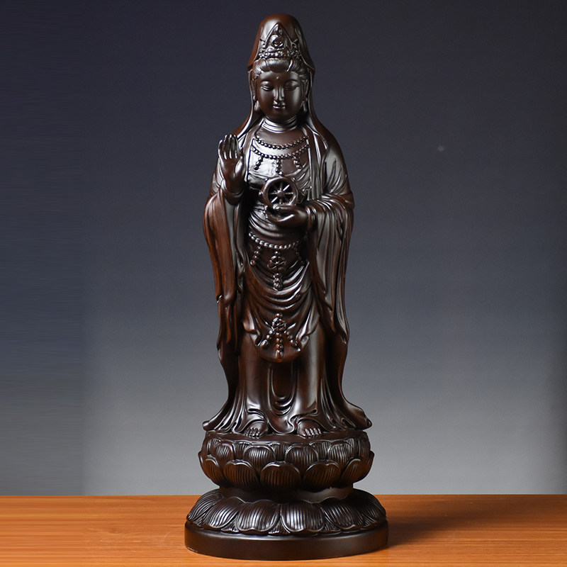 黑檀木雕观音菩萨佛像摆件法轮南海观世音实木家居客厅装饰工艺品