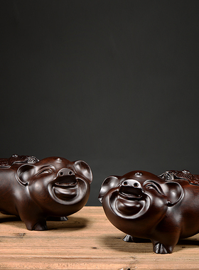 黑檀木雕刻生肖猪摆件一对大号家居客厅酒柜装饰品实木工艺品