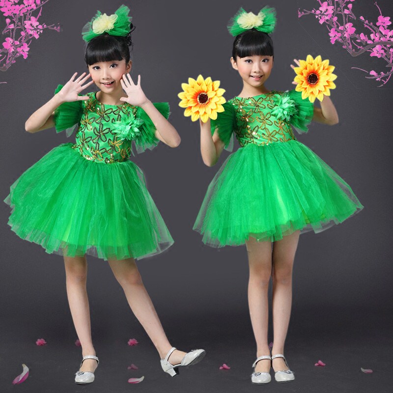 儿童大合唱演出舞蹈服绿色纱裙蓬蓬裙亮片茉莉花春晓小草松树幼儿