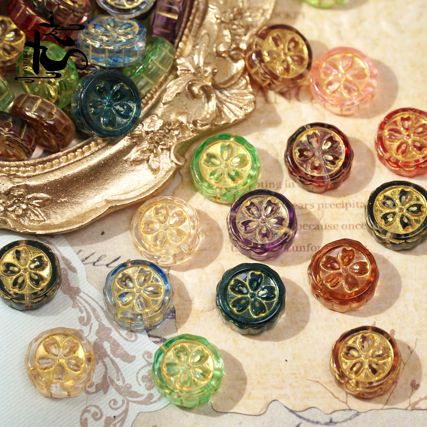 50颗15mm描金琉璃月饼仿进口捷克琉璃樱花牌手工diy手串项链材料