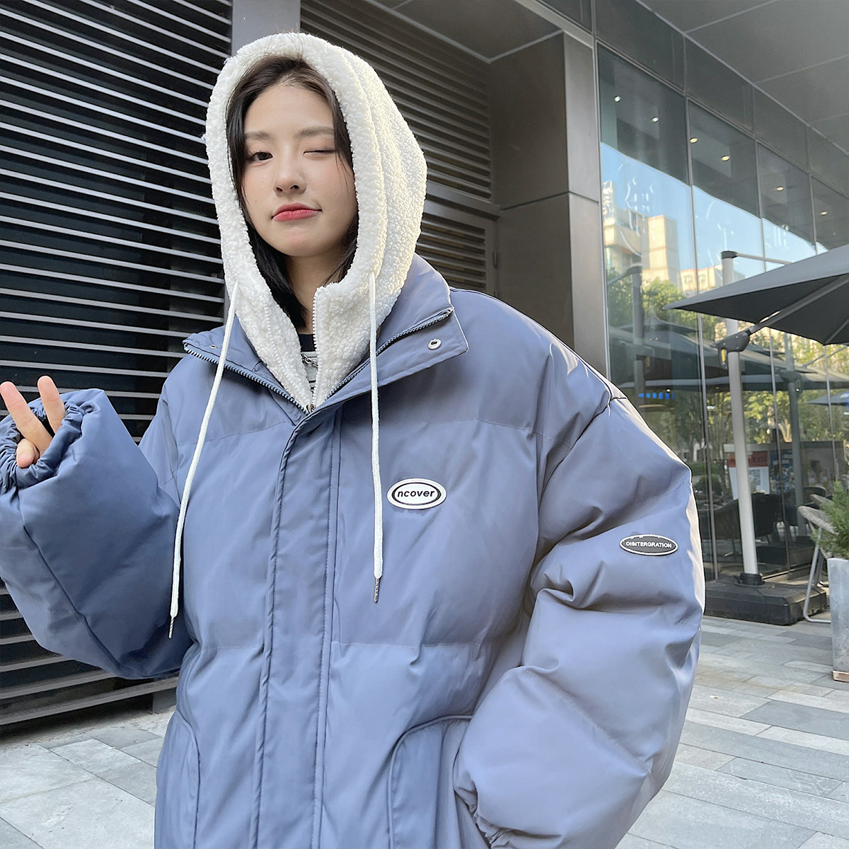 EY105冬季新款港风男女加绒加厚假两件羊羔毛衣服外套P148,女装棉衣/棉服,电商C306-1