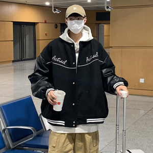 EQ91呢料拼接外套男2024新款秋装棒球服夹克创意印花学院风P118