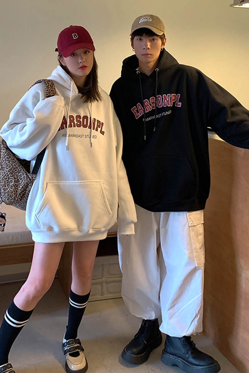 EQ96情侣装连帽卫衣男女学生2024新款简约字母印花外套学院风P63,男装卫衣,电商C306-1