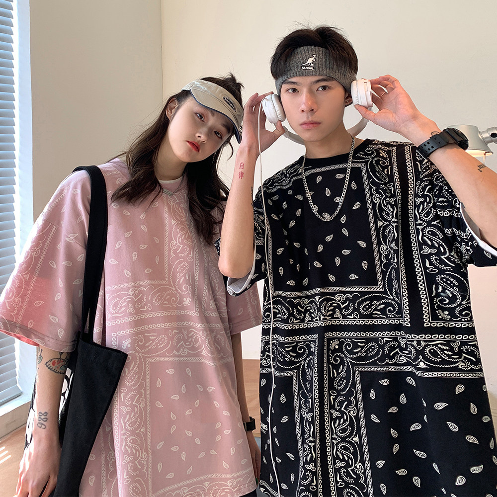 EQ23夏季新款港风男女潮腰果花印花短袖T恤宽松半袖情侣装P40,男装T恤,电商C306-1