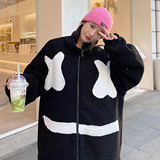 EY101冬季新款港风ins潮女加厚羊羔毛笑脸刺绣衣服外套P105，女装棉衣/棉服，电商C306-1
