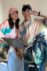 EQ32 夏季新款港风男女夏威夷风格宽松休闲衬衫短袖半袖情侣装P40图片