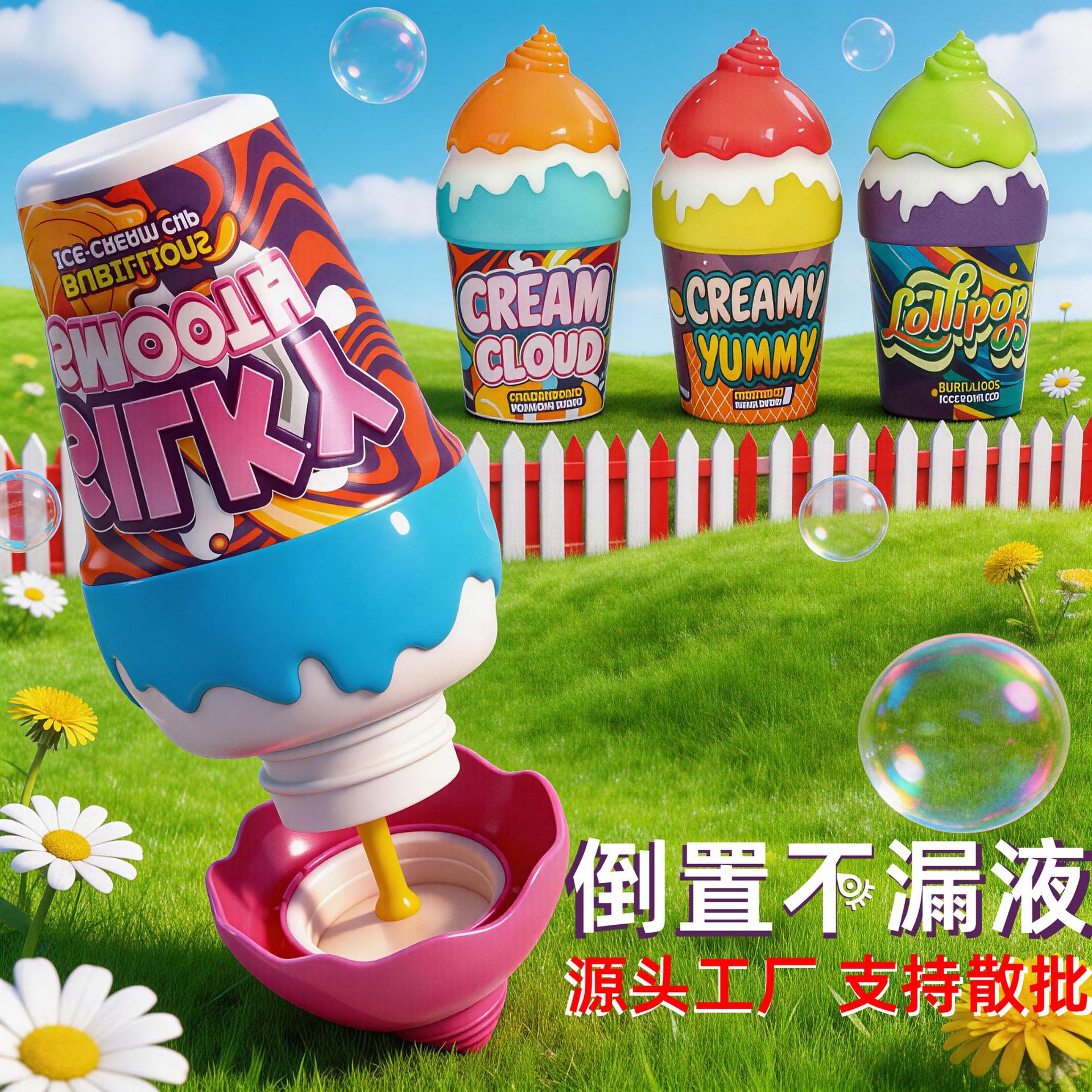 夏日儿童不洒液可爱冰淇淋泡泡瓶宝宝泡泡水户外吹泡泡玩具批发