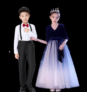 儿童合唱演出服中小学生诗合唱歌朗诵表演服女童钢琴主持礼服长款