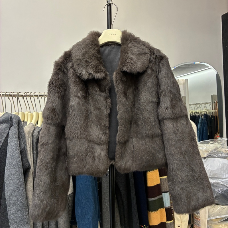2025秋冬新款时尚翻领短款100%兔毛皮草外套女气质名媛风百搭外套