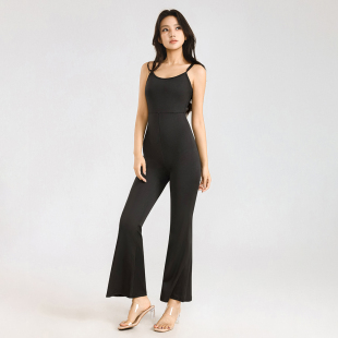 欧美运动休闲辣妹连体衣舞蹈修身 纯色性感露背吊带连体微喇叭长裤