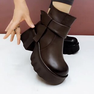 头层牛皮马丁靴女2025秋冬新款增高厚底羊毛棉鞋粗跟高跟真皮短靴