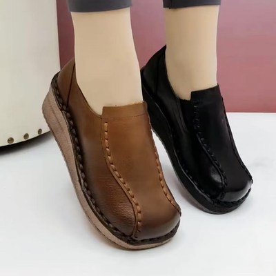 坡跟厚底单鞋舒适软皮妈妈鞋真皮