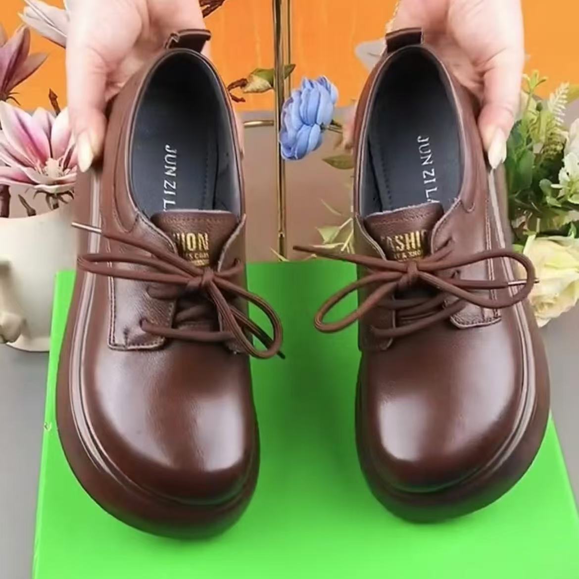 真皮厚底百搭休闲女鞋中跟妈妈鞋