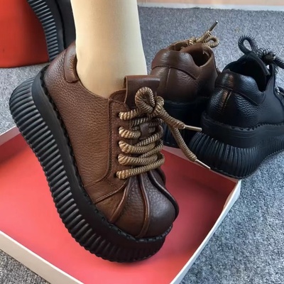 复古大圆头真皮鞋子增高厚底女鞋