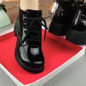 马丁靴女2025秋冬新款 真皮女鞋 圆头系带粗跟百搭厚底亮面漆皮短靴