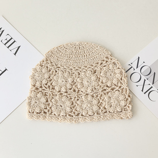 日系手工全棉钩针毛线贝雷帽女春夏季薄款镂空包头帽遮白发帽子秋