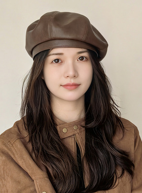 高品质PU皮质贝雷帽秋冬复古时髦画家帽子女文艺百搭南瓜帽英伦风