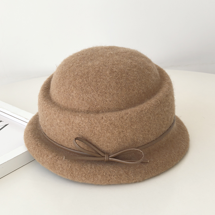 时尚蝴蝶结羊毛呢帽子女秋冬新款千金风礼帽优雅显脸小渔夫帽盆帽