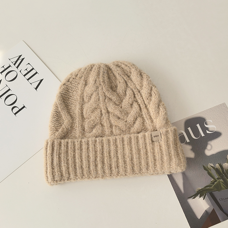 麻花针织羊毛混纺毛线帽子女秋冬天保暖纯色韩版护耳帽防风寒冷帽