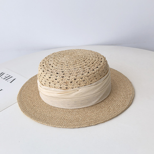 法式镂空拉菲草平顶礼帽女出游遮阳显脸小草帽夏海边沙滩帽子防晒