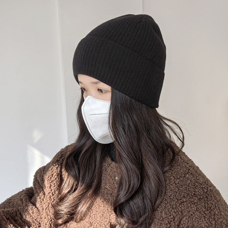 加绒保暖简约针织帽子秋冬季防寒纯色毛线冷帽男女百搭护耳套头帽