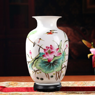 景德镇陶瓷器中式花瓶摆件客厅插花干花家居装饰小工艺品带木底座