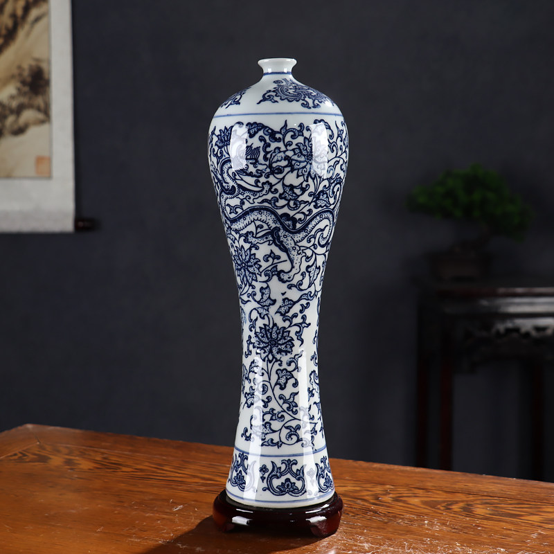 新品青花瓷花瓶摆件客厅插花彷古装饰品中式山水高款景德镇陶瓷器